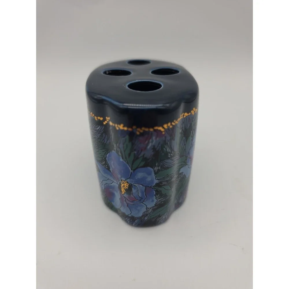 Vintage Toothbrush Holder Fantasia Pattern Made in Japan Floral Navy Blue